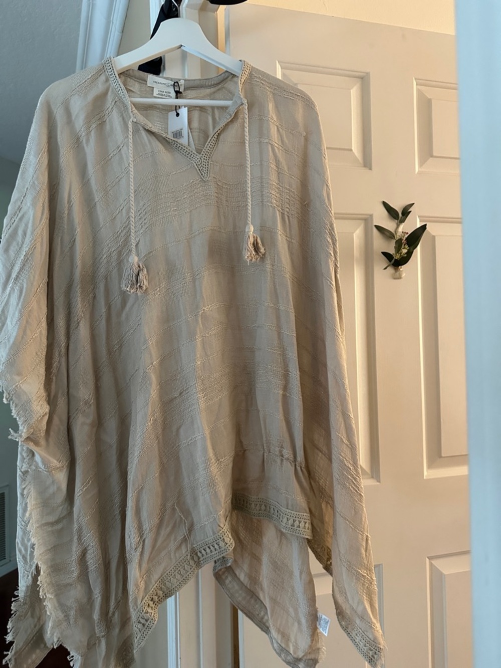 Lightweight Cream Poncho Tunic with Tassel Drawstrings